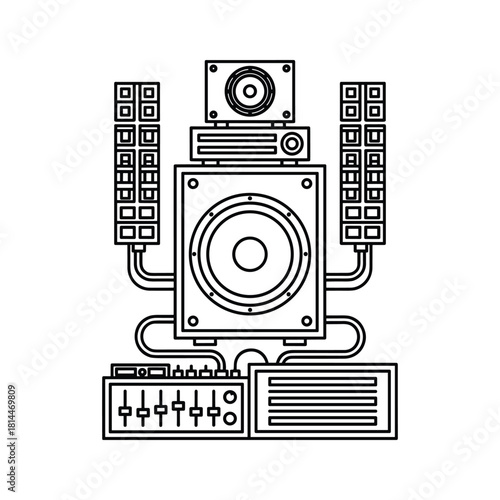 Line art illustration of a large stereo sound system with subwoofer, amplifier, and equalizer isolated on