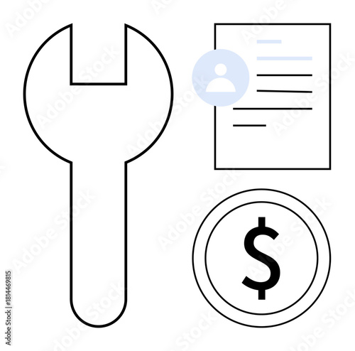 Wrench, user-stamped document, and dollar coin portraying tools, contracts, and monetary exchange. Ideal for repair, service cost, finance maintenance agreements business economy. Simple flat