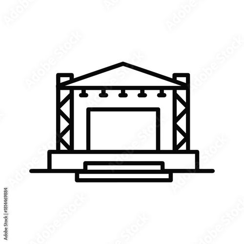 Simple black and white line icon representing an outdoor concert stage structure with lighting truss and platform steps isolated on