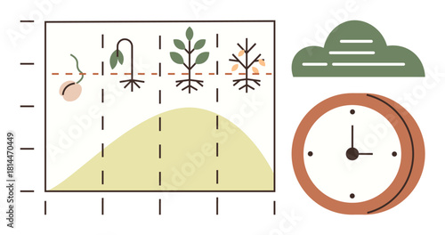 Plant life cycle chart with seed, sprout, mature plant, and wilted plant, alongside a clock and cloud. Ideal for growth process, time management, data tracking, biology agriculture education