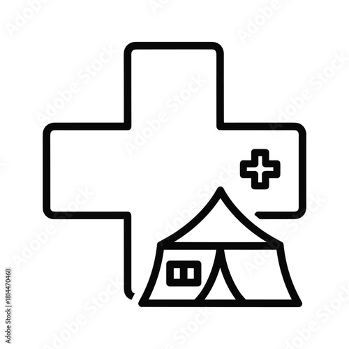 Outline icon representing a field hospital or medical tent setup in front of a large medical cross symbol, isolated on