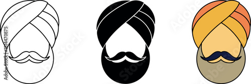 Sikh Man Icon Collection with Turban and Beard Vector Graphics Illustration