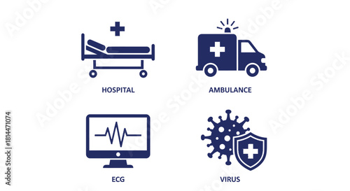 Vector illustration of medical icons showing hospital bed, ambulance, ecg monitor and virus