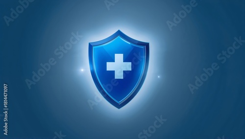 Blue Shield Symbol With a White Cross Glowing Softly Against a Dark Background