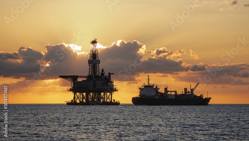 Sunset View of Oil Rig and Supply Ship at Sea During Orange and Pink Sky