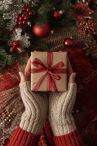 Gift Box Held by Hands Surrounded by Festive Decorations and Greenery During ...