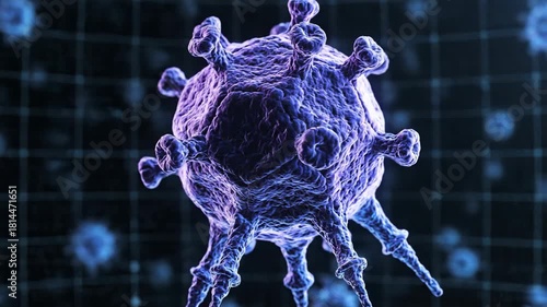 A microscopic rendering of a spherical biological entity, featuring spiky projections and a textured surface. The background showcases blurred details