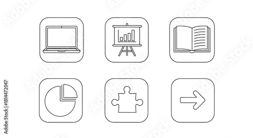 Vector illustration of business and office icons, laptop, presentation, book, pie chart
