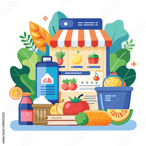 Online grocery store landing page design with digital shopping concept