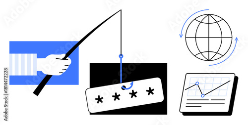 Fishing rod hooking password pad, globe symbolizing global data, and analytics chart on tablet. Ideal for cyber threats, online security, global safety, network hacking, protection, phishing