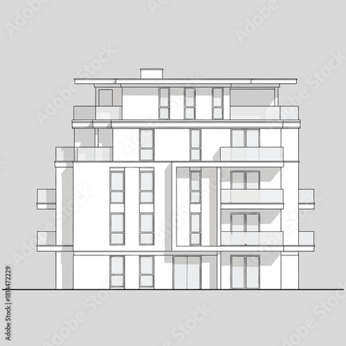 Architectural elevation drawing of a modern apartment building
