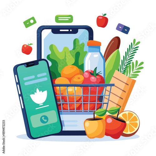 Grocery items in shopping cart with mobile device for online shopping