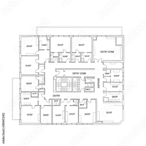 Architectural floor plan of a commercial building with shops