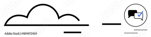 Cloud silhouette with horizontal lines representing data, paired with a speech bubble and checkmark. Ideal for technology, cloud computing, communication, security, storage solutions, data integrity