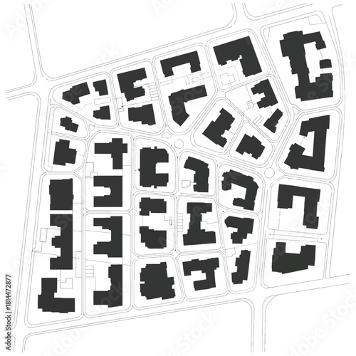 Architectural plan of a city block with building footprints and roads