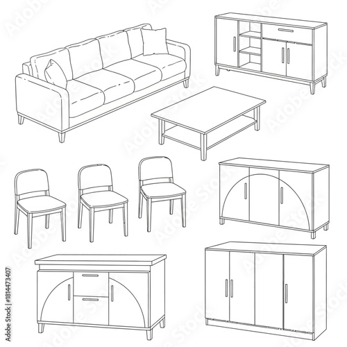 Assortment of Furniture Line Drawings sofa couch