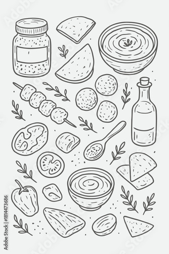 Middle Eastern Spice & Cuisine Line Art Set | Pita, Hummus, Kebab & Herb Doodles