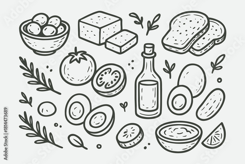 Mediterranean Breakfast Line Art Collection | Olive, Feta, Bread & Fresh Produce Sketch Set