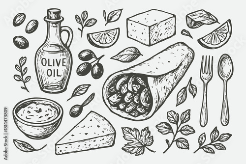Greek Cuisine Essentials Line Art Set | Olive Oil, Feta, Gyros & Mediterranean Doodles