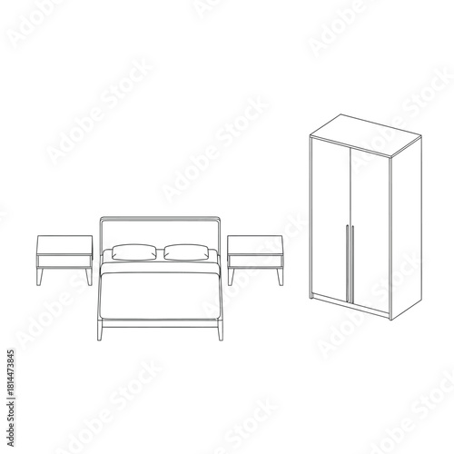 Bedside Tables Bed And Wardrobe Line Drawing bedroom