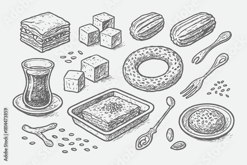 Turkish Dessert Line Art Set | Baklava, Lokum, Simit & Sweet Sketch Collection