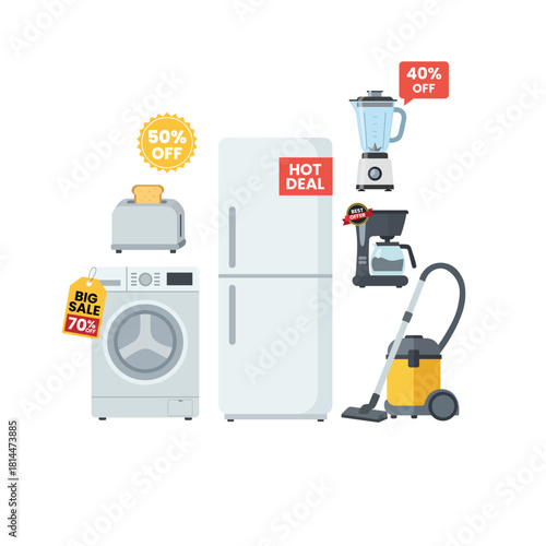 Home Appliances Sale with Big Discounts – Fridge, Washer, and Kitchenware Flat Vector