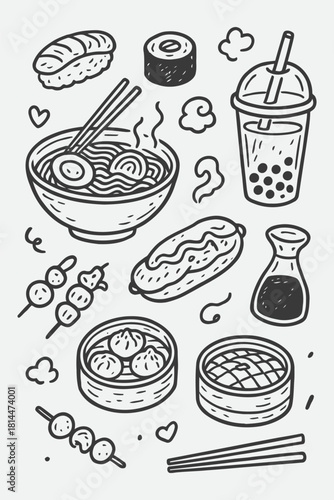 Asian Street Food Line Art Set | Ramen, Sushi, Dimsum & Bubble Tea Sketch
