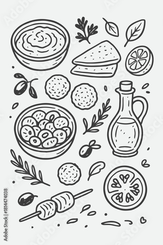 Mediterranean Cuisine Line Art Set | Hummus, Pita, Falafel & Olive Sketches