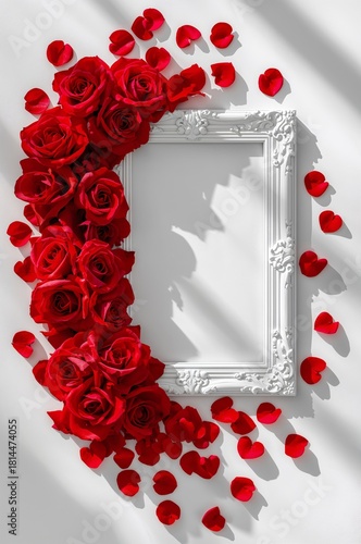 Red Roses Surround a White Decorative Frame With Scattered Petals on the Surface