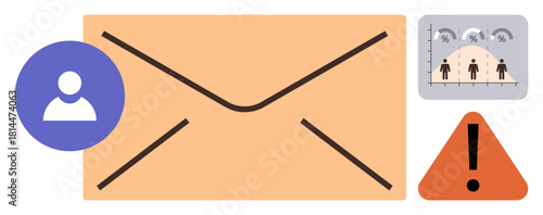 Large envelope icon with user profile circle, analytics chart, and caution sign. Ideal for communication, user management, email analytics, data security, warnings, notifications business strategy