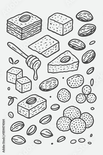 Middle Eastern Sweet Treats Line Art Set | Baklava, Halva, Dates & Delight Sketches
