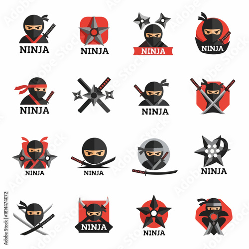 Collection of Flat Design Ninja Icons Symbolizing Martial Arts and Stealth