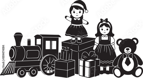 Black and white Christmas toys including train dolls teddy bear and gifts