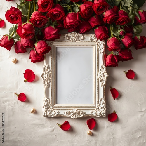 Romantic Red Roses With an Empty Picture Frame and Petals on a Soft Background