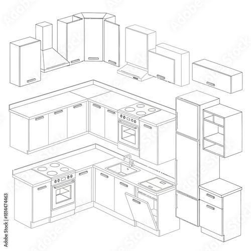Collection of kitchen cabinets and appliances in outline form