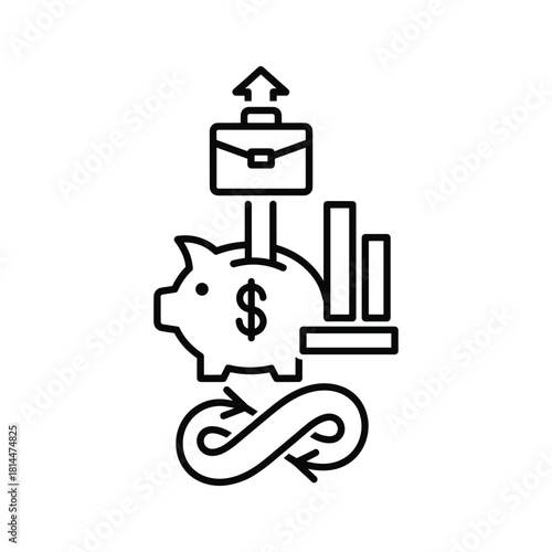 Piggy bank with briefcase and graph representing investment return isolated on