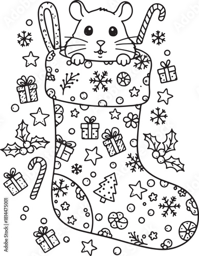 Christmas mouse in a stocking coloring page winter holidays illustration