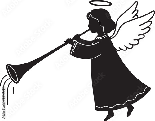 Elegant black angel blowing trumpet with wings and halo silhouette