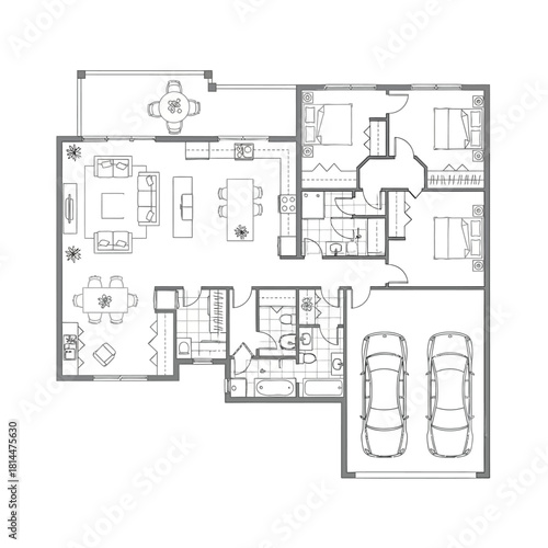 Detailed Floor Plan of a Residential House with Furniture
