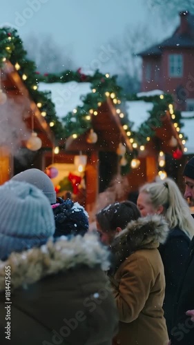 European Christmas Market Twilight Scene with Warm Lights, Snowfall, Festive Stalls, and Cinematic Holiday Ambience for Seasonal Marketing Visuals