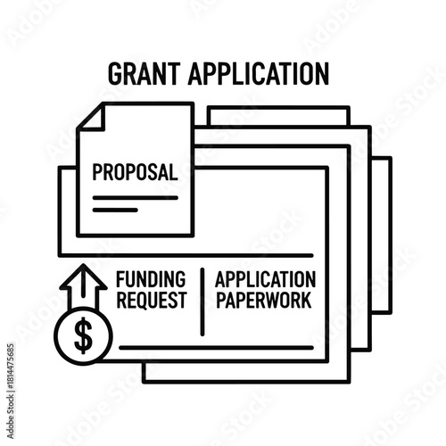 Grant application and funding request shown in a line art icon isolated on