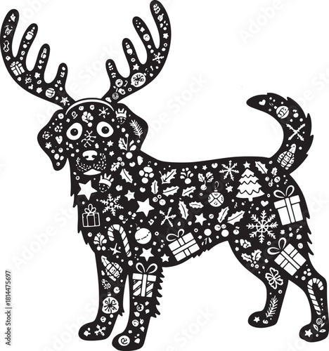 Festive holiday dog with reindeer antlers filled with Christmas icons
