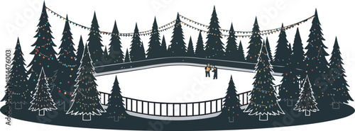 Festive outdoor ice skating rink surrounded by decorated Christmas trees