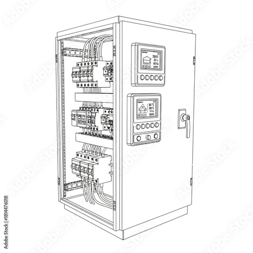 Electrical control panel with circuit breakers and displays