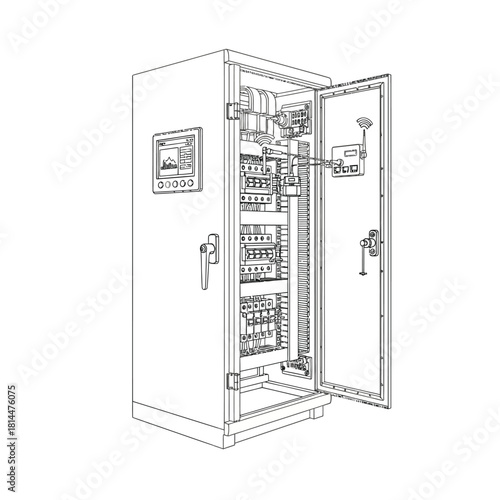 Electrical control panel with open door and touchscreen