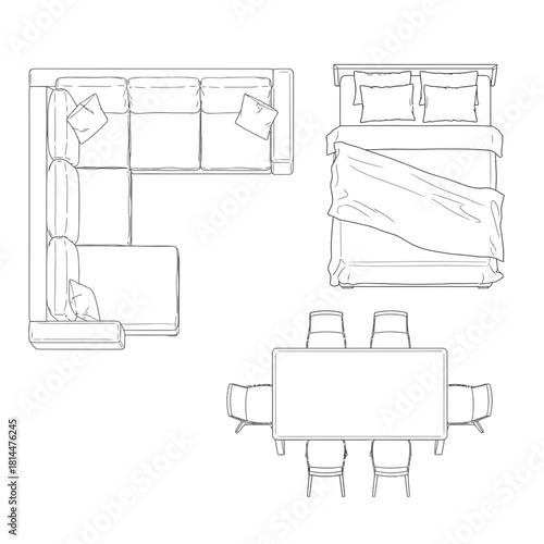 Floor plan furniture layout top view line drawing interior design