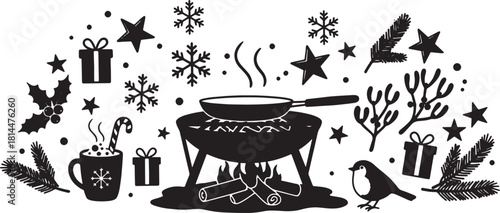 Festive Winter Scene Illustration with Fire Pit and Holiday Elements