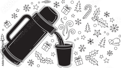 Holiday coffee break seamless doodle pattern with thermos and cup