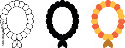 Three variations of a flower garland or lei in different styles and colors illustration