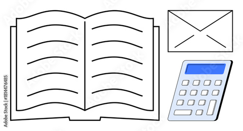 Open book with blank pages, calculator with blue display, and closed envelope. Ideal for education, planning, communication, budgeting, learning organization finances. Simple flat metaphor